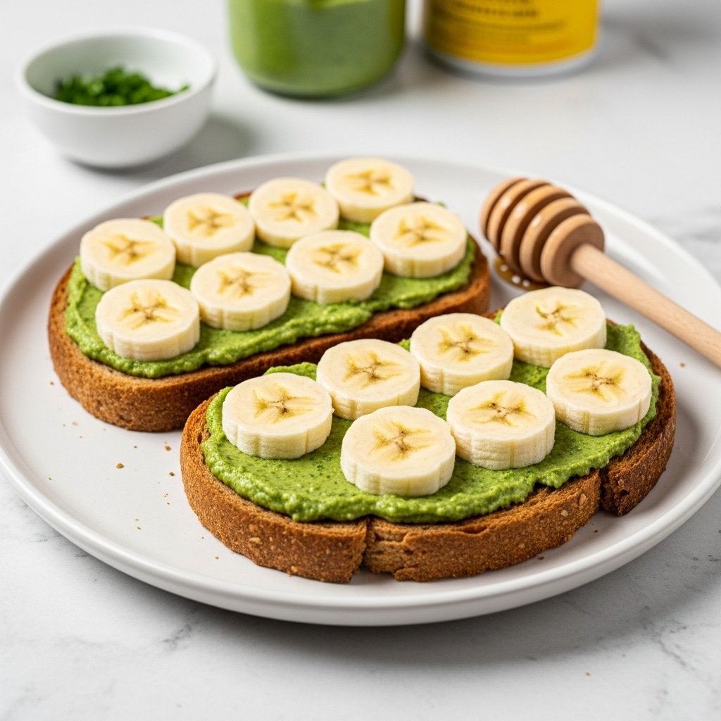 Two slices of toasted brown bread are placed on a white plate, each covered with a thick layer of green spread. On top of each slice, there are several round banana slices evenly arranged, showing their light yellow color. To the right of the plate, there is a wooden honey dipper resting partially on the plate edge. In the background, a small white bowl with some green chopped herbs is slightly out of focus, along with a jar of green spread and a yellow container. The whole scene is set on a white marbled textured surface. photo taken with an iphone --ar 4:5 --v 7