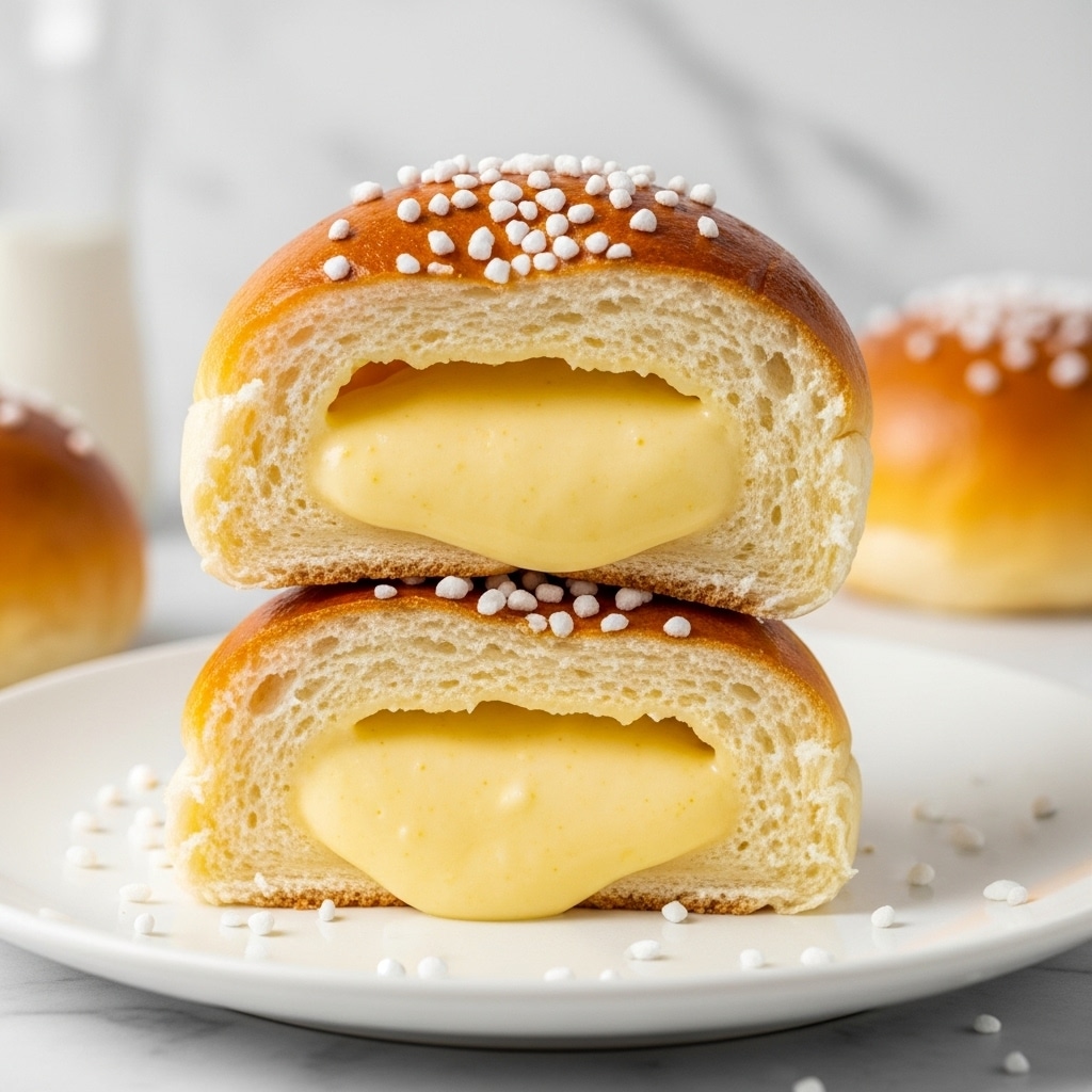 A soft bread bun cut in half and stacked, showing two layers: the outer golden brown baked bread with a shiny surface and the inner creamy yellow custard filling that looks smooth and thick. The top bun has small white sugar crystals sprinkled on it. The bun rests on a white plate, with a few sugar crystals scattered around. The background shows a white marbled surface and blurred details. photo taken with an iphone --ar 4:5 --v 7