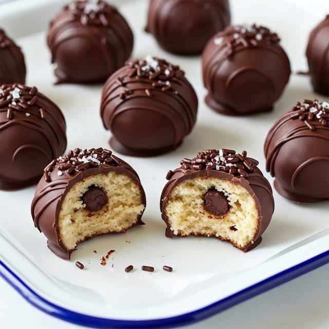 Several round chocolate-covered truffles are placed on white parchment paper that lines a white tray with a blue rim. Each truffle is smooth and glossy dark brown with chocolate sprinkles on top and a light sprinkle of sea salt flakes. Two truffles have bites taken out, revealing a soft, light beige cake inside with dark chocolate chips embedded in the center. The overall look is rich and indulgent, with a neat arrangement on the tray. photo taken with an iphone --ar 4:5 --v 7