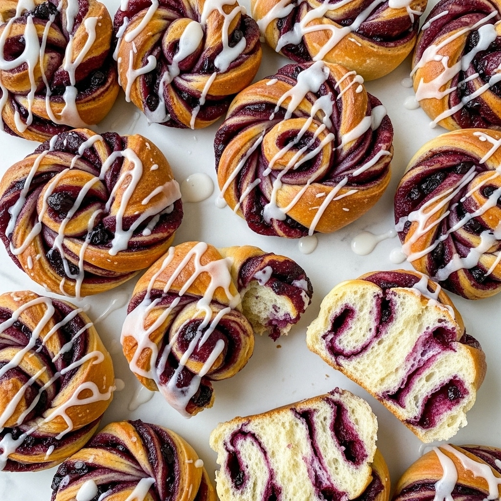 A group of cinnamon roll-like pastries with deep red and purple berry swirls are spread out on a white marbled surface. Each roll has multiple layers of soft, golden-baked dough with dark berry filling twisted inside, creating a textured spiral shape. A thin drizzle of white icing covers the tops unevenly, glistening in the light and sometimes dripping onto the surface. One roll is split open to show the fluffy inside with berry colored streaks in the soft bread. The whole scene looks fresh and warm. Photo taken with an iphone --ar 4:5 --v 7