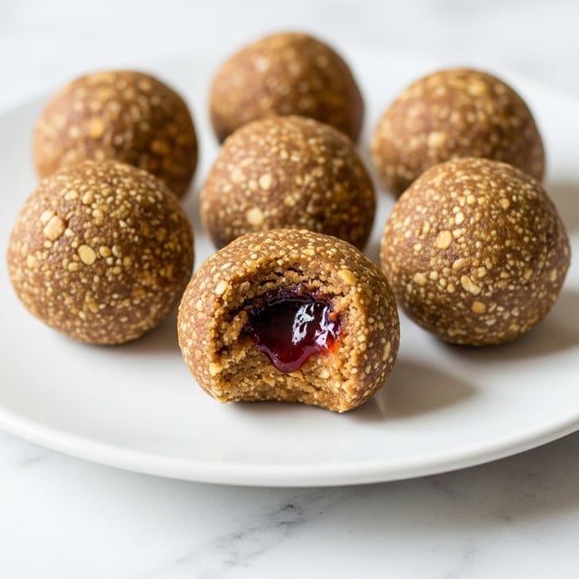 The image shows seven round balls of energy bites arranged on a white plate placed on a white marbled surface. Each ball has a rough, slightly grainy brown texture, indicating a mixture of nuts or oats. One ball in the front center is partially bitten, revealing a sticky, dark red jam-like filling inside, contrasting with the light brown outer layer. The scene is bright and simple with soft natural light highlighting the texture of the balls. Photo taken with an iphone --ar 4:5 --v 7