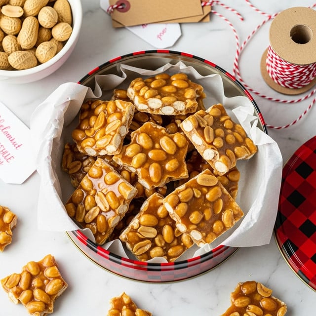 A round tin with a red and black checkered pattern is filled with pieces of peanut brittle, each piece showing light golden caramel with whole peanuts embedded inside. The brittle is placed on white parchment paper inside the tin. The tin is on a white marbled surface alongside a white bowl with peanuts, some gift tags, and a spool of red and white twine. The peanut brittle pieces have a shiny, glossy texture with irregular shapes and rough edges. Photo taken with an iphone --ar 4:5 --v 7