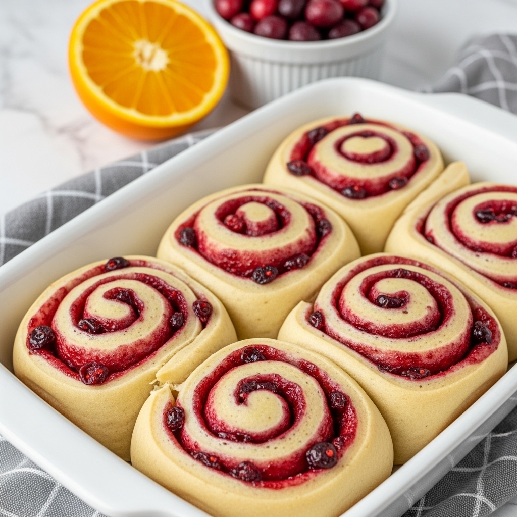 A white rectangular baking dish holds six soft, light golden brown cinnamon rolls, each rolled in a spiral shape showing a bright red berry filling swirled inside the dough layers. The rolls have a slightly shiny surface with small bits of berry filling visible on top. Behind the dish, there is a halved orange showing its juicy inside, and a small white bowl filled with deep red and purple berries, all set on a white marbled surface with a gray checkered cloth nearby. The image shows close-up details of the textured dough and vibrant berry filling, giving a fresh baked look. Photo taken with an iphone --ar 4:5 --v 7