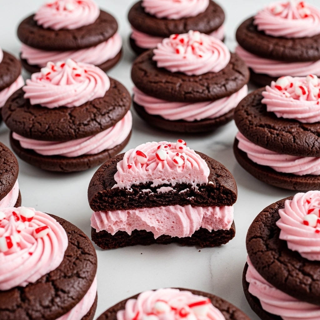 The image shows many chocolate sandwich cookies arranged close together on a white marbled surface. Each cookie has two dark brown, textured chocolate cookie layers with a soft, thick layer of light pink cream filling in between, which is smooth and swirled. On top of the cream filling, there are small pieces of crushed red and white candy cane scattered, adding a crunchy texture and a pop of color. One cookie is broken in half, showing the thick pink filling inside. The overall look is rich and festive. photo taken with an iphone --ar 4:5 --v 7