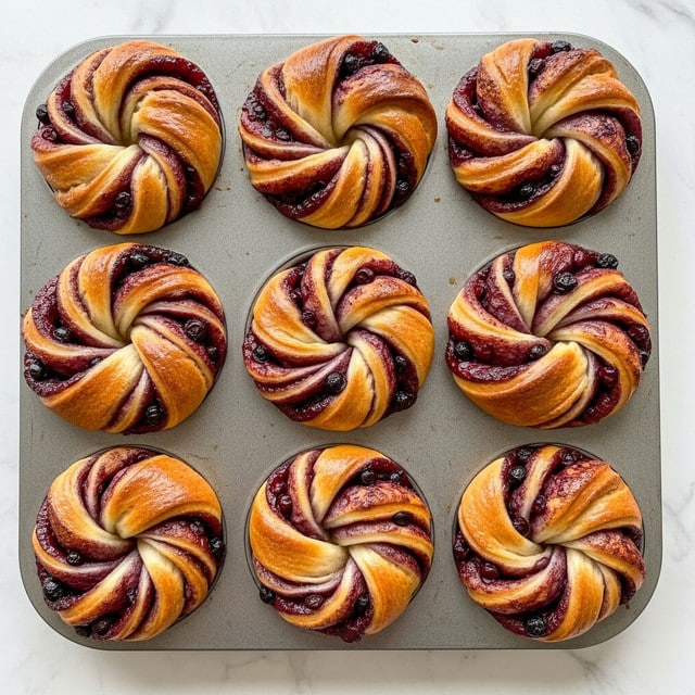 The image shows nine freshly baked berry swirl buns arranged neatly in a metal muffin pan on a white marbled surface. Each bun has multiple twisted dough layers with a golden brown crust and swirls of dark red and purple berry filling visible throughout. The texture of the dough looks soft and fluffy, while the berry filling appears thick and slightly glossy, nestled mainly in the folds and crevices of the twisted buns. The light hits the tops, highlighting the slight crispiness of the outer layer and the rich color contrast between dough and filling. photo taken with an iphone --ar 4:5 --v 7