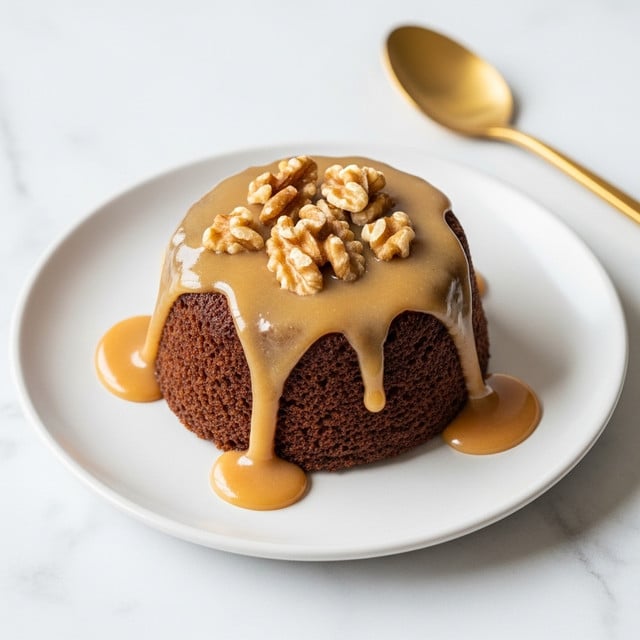 A single round cake with a rough texture and brown color sits centered on a white plate, topped with a thick layer of light caramel-colored sauce that drips down the sides. On top of the sauce, scattered pieces of walnut add a crunchy element with their irregular shapes and warm, tan color. The background is a white marbled surface, and a golden spoon is positioned in the top right side of the frame. photo taken with an iphone --ar 4:5 --v 7