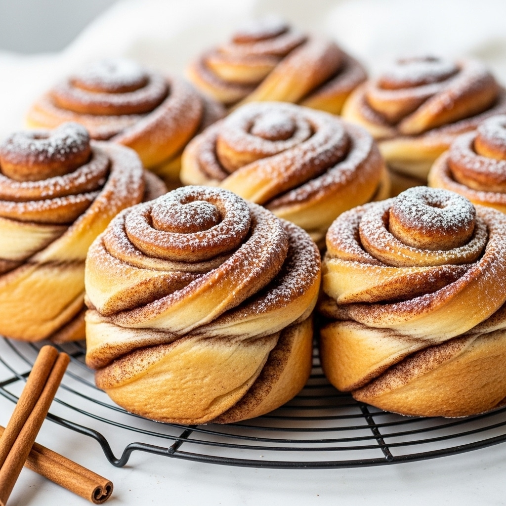 The image shows several cinnamon buns with a twisted, layered look, placed closely together on a round black wire rack. Each bun has thick golden-brown dough strands swirled tightly, revealing layers of cinnamon filling between them, and topped lightly with powdered sugar. The buns have a soft, slightly shiny surface with a warm toasted color. In the front left, two cinnamon sticks rest on a white marbled surface. The background is softly blurred with white and light tones, making the buns stand out prominently. photo taken with an iphone --ar 4:5 --v 7