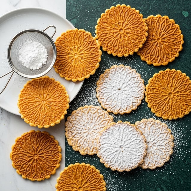 A group of round wafer cookies with intricate lace-like patterns are scattered on a dark green surface replaced with a white marbled texture. Some wafers are plain golden brown with visible crisp texture and star or floral designs, while others are lightly dusted with white powdered sugar, giving them a delicate frosted look. A white plate holds a metal sieve with powdered sugar, with some sugar sprinkled lightly among the wafers and around the surface. The wafers overlap and lie flat in an inviting, casual arrangement. Photo taken with an iphone --ar 4:5 --v 7