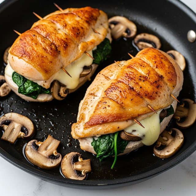 The image shows two browned stuffed chicken breasts cooking in a black pan, each secured with toothpicks. The top layer is golden and crispy chicken skin with a slightly oily sheen. Inside, there is melted creamy cheese visible, along with sautéed mushrooms and wilted dark green spinach peeking out from the sides. Several sautéed mushroom slices rest around the chicken in the pan, which has a thin layer of cooking juices. The whole scene is set against a white marbled surface. photo taken with an iphone --ar 4:5 --v 7