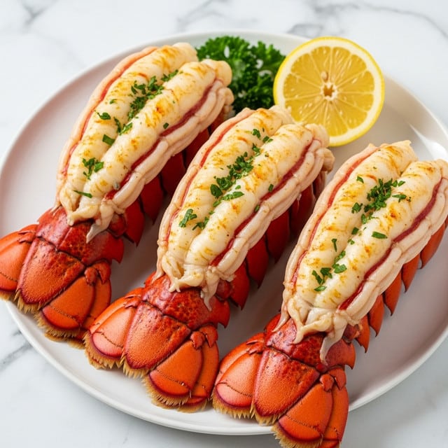 The image shows three lobster tails placed side by side on a white plate, each split open to reveal the white, tender lobster meat inside. The lobster shells are bright red with a slightly rough texture, while the lobster meat looks juicy and slightly browned from grilling or broiling. Small bits of chopped green parsley are sprinkled over the lobster meat, adding a fresh color contrast. Near the lobsters, there is a wedge of lemon with a yellow inside and white rind. The whole scene is set on a white marbled surface, highlighting the vibrant colors of the lobsters and garnish. photo taken with an iphone --ar 4:5 --v 7