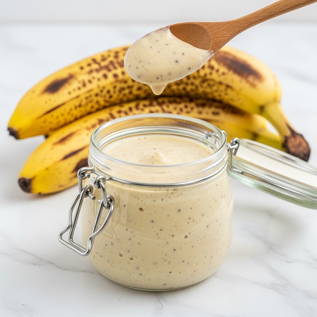 A clear glass jar with a metal clasp is filled with a smooth, pale yellow creamy banana mixture that has tiny black specks throughout. A wooden spoon holds a dollop of the creamy mixture above the jar. Behind the jar, two ripe bananas with brown and yellow spotted skins rest on a white marbled surface. photo taken with an iphone --ar 4:5 --v 7