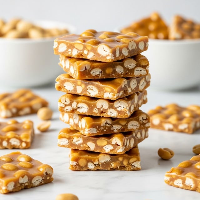 A stack of eight square peanut brittle pieces with a glossy caramel color and visible whole peanuts embedded inside each layer sits on a white marbled surface. Each brittle piece has a smooth, shiny texture with light golden brown peanuts clearly spread throughout, showing a thick, firm candy texture. Around the stack, there are a few broken brittle pieces scattered casually, and in the background, two white bowls are slightly blurred, filled with more peanuts and brittle pieces. The scene is brightly lit with soft natural light, enhancing the warm amber and beige tones of the peanut brittle. photo taken with an iphone --ar 4:5 --v 7