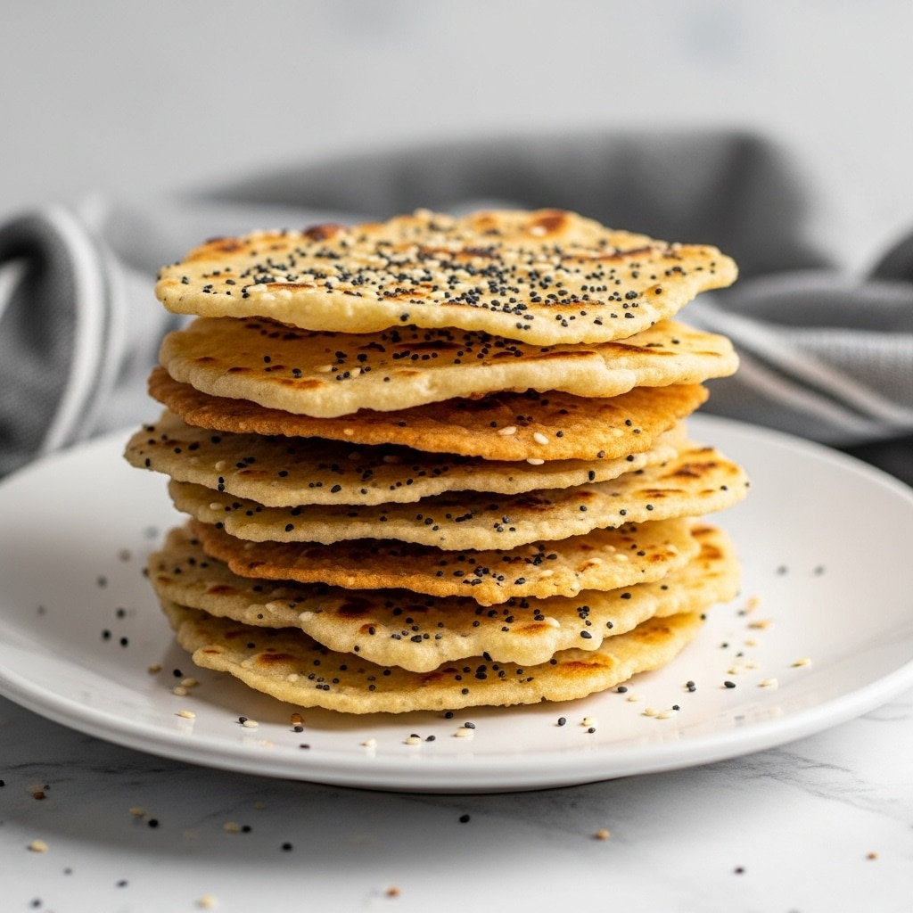 A stack of seven unevenly shaped crispy flatbreads rests on a white plate, each flatbread showing golden brown toasted spots and rough edges curled upwards. The flatbreads are sprinkled with black poppy seeds and white sesame seeds, some of which have fallen around the plate. The plate sits on a surface with a white marbled texture, and behind it is a folded gray cloth with black stripes softly blurred in the background. The photo taken with an iphone --ar 4:5 --v 7