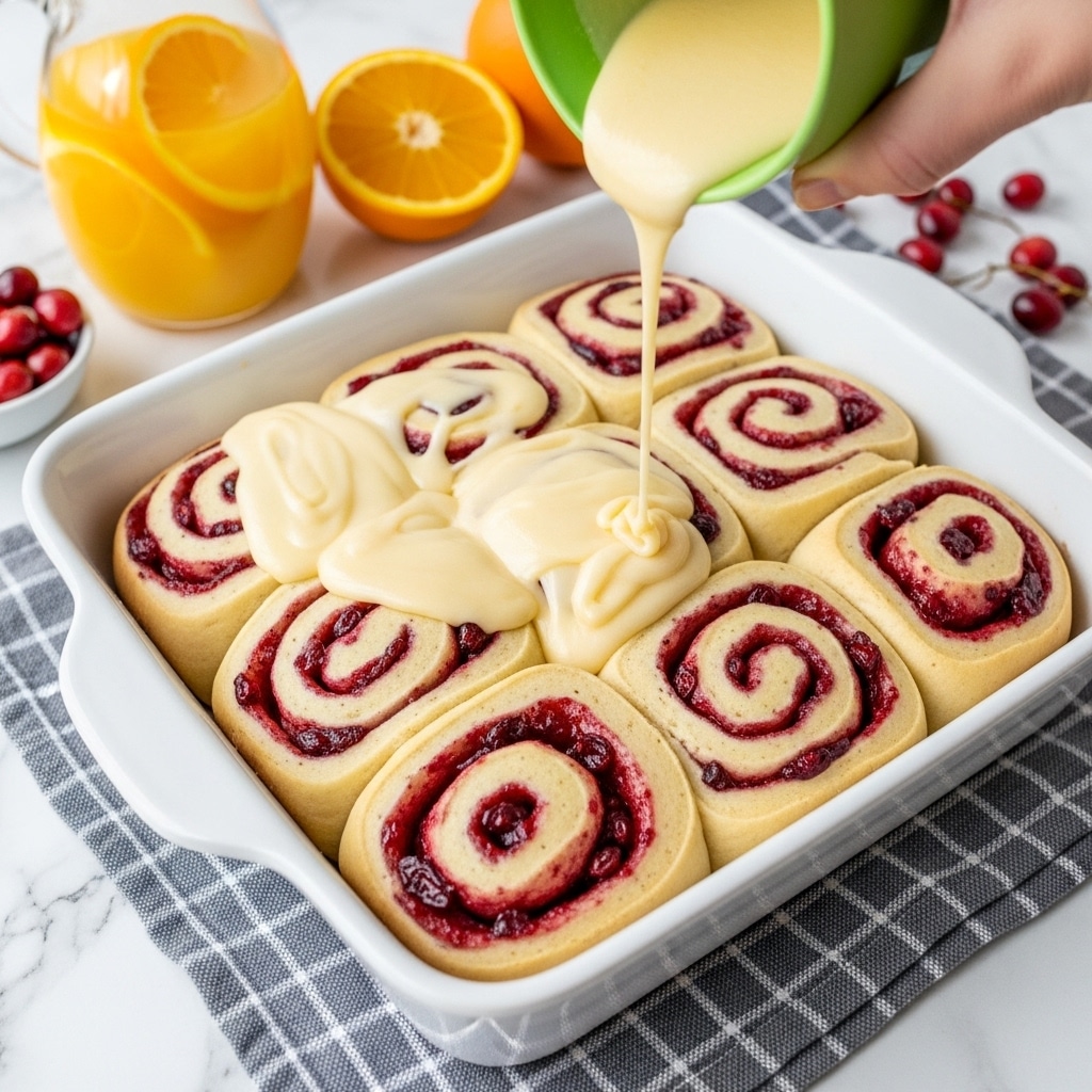 A white baking dish filled with eight swirled, light golden-brown rolls that have bright red berry filling visible on each swirl. A creamy, pale yellow glaze is being poured over the rolls from a green container held by a woman's hand, creating a thick stream over the top layer. The dish rests on a gray and white checkered cloth, with a white marbled surface underneath. In the background, there is a glass jug with orange juice and sliced orange halves, along with some whole and partial red berries, all slightly out of focus. photo taken with an iphone --ar 4:5 --v 7
