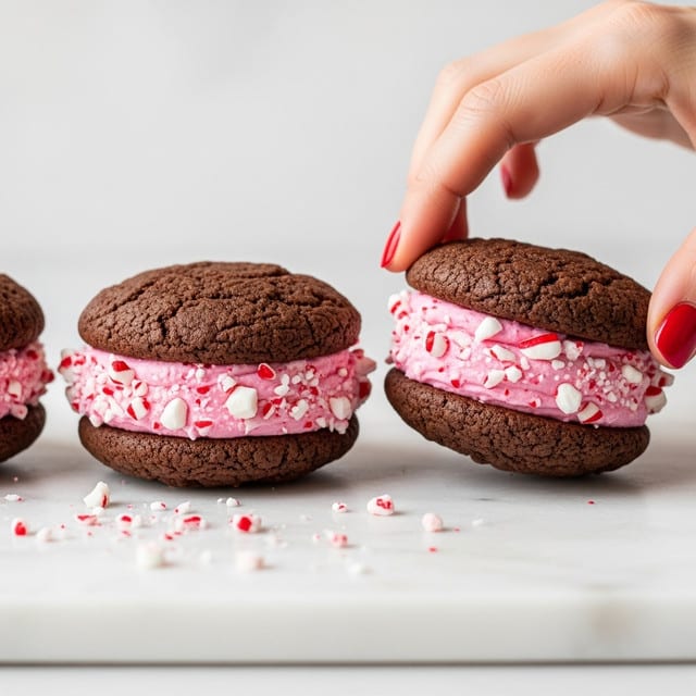 The image shows three chocolate cookies with a thick layer of pink frosting sandwiched between each pair. The frosting is decorated with small white and red candy pieces resembling crushed peppermint, some of which have fallen onto the white marbled surface below. The cookies have a rough, textured surface and are dark brown in color. On the right, a woman's hand with red nail polish is lifting the top cookie of one sandwich, highlighting the soft and creamy texture of the frosting. The background is plain and softly lit, focusing attention on the cookies. Photo taken with an iphone --ar 4:5 --v 7