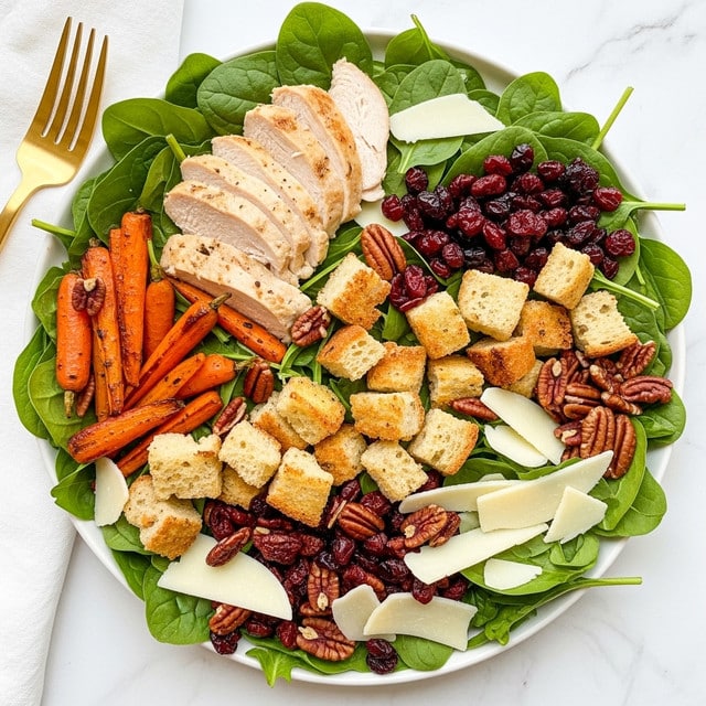 A white plate holds a fresh salad with about five different layers. The base layer is made of bright green spinach leaves scattered evenly. On top, there are thick slices of light brown grilled chicken and roasted orange carrot pieces. Next, golden-brown toasted bread chunks give a rough texture and are spread across the salad. Dark reddish-brown pecans and dried dark red cranberries add small pops of color and texture throughout. Thin, off-white slices of shaved cheese cover parts of the salad, creating light patches. The plate sits on a white marbled surface with a gold fork and a white napkin near the top left. photo taken with an iphone --ar 4:5 --v 7