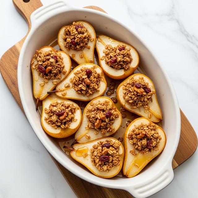 The image shows a white oval baking dish filled with eight halves of baked pears, each cut lengthwise with the core scooped out to form a small cup. The pears are light yellow with a slightly caramelized edge and each hollow is filled with a crumbly granola mixture that includes oats and nuts, with some small red dried fruit pieces scattered on top. A drizzle of syrup or honey lightly coats the bottom of the dish, giving a shiny, golden-brown sheen. The dish rests on a wooden cutting board placed on a white marbled surface. Photo taken with an iphone --ar 4:5 --v 7