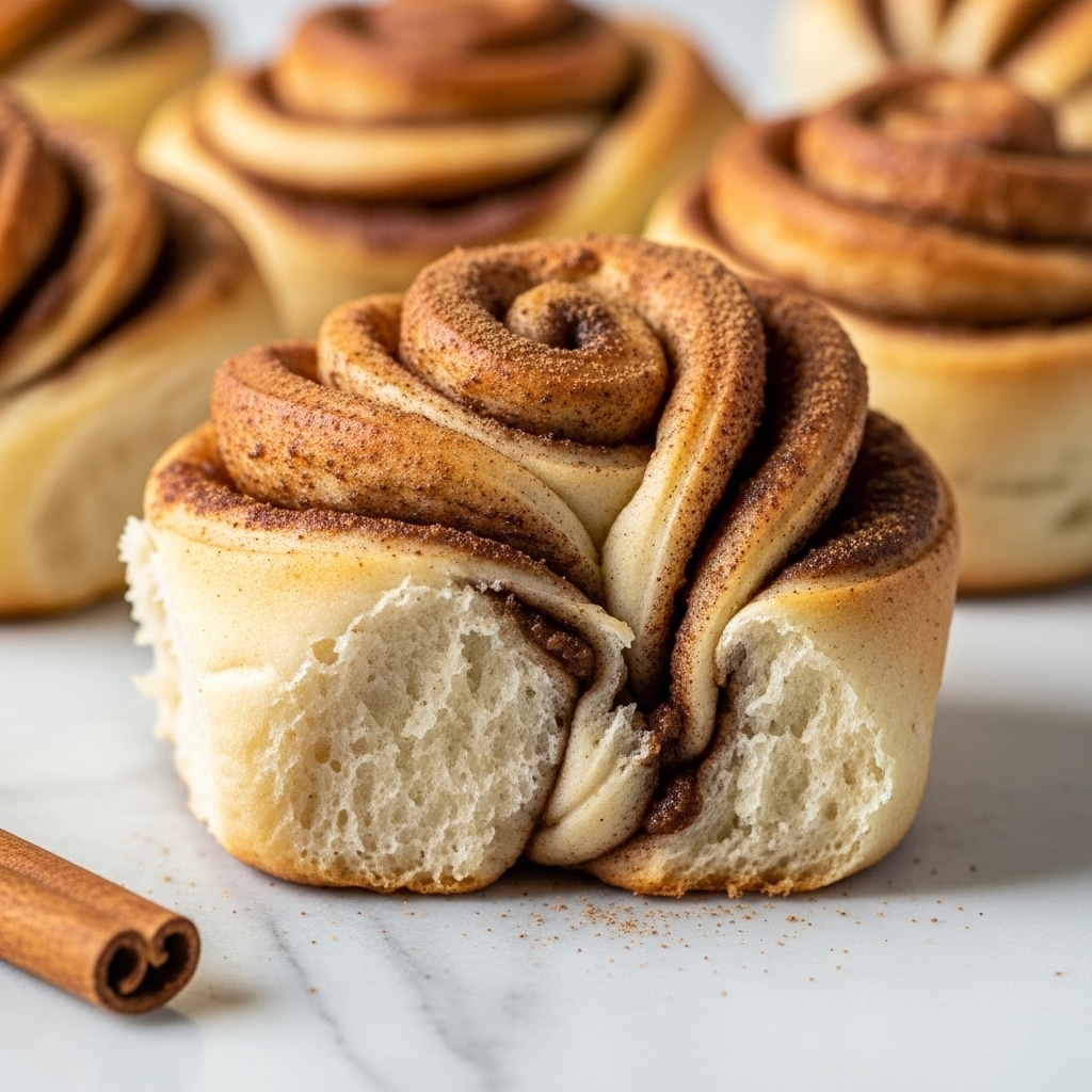 A close-up of a soft, fluffy cinnamon bun with several layers of light golden brown dough twisted together, each layer showing a hint of cinnamon spice spread that is darker in color and slightly glossy, giving it a moist texture. The bun sits on a white marbled surface with a cinnamon stick lying nearby in the foreground. The background is softly blurred with other similar buns mostly out of focus. The bun’s layers have a light dusting of cinnamon powder, adding a speckled brown texture over the golden dough. Photo taken with an iphone --ar 4:5 --v 7