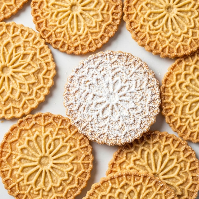 A close-up image shows several thin, round pizzelle cookies with a delicate, lacy pattern. They are light golden brown with a crisp texture, some more evenly browned while others have slightly darker edges. A few pizzelles are lightly dusted with fine white powdered sugar, creating a soft contrast against their golden surface. The cookies overlap each other in a scattered arrangement on a white marbled surface, highlighting their intricate icing pattern and delicate, crispy edges. photo taken with an iphone --ar 4:5 --v 7