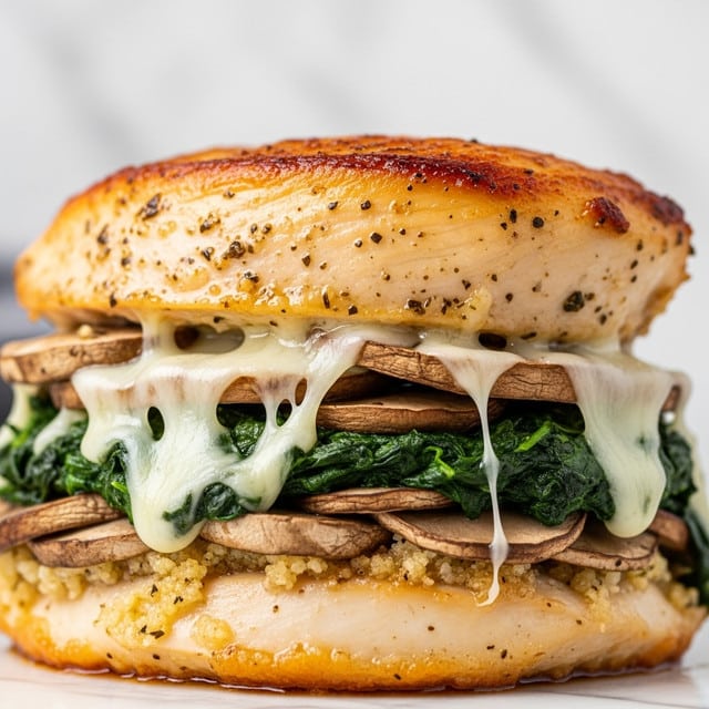 The image shows a close-up of a layered chicken dish. The top layer is a thick piece of cooked chicken breast with a golden-brown color and slightly crispy texture. Below it is a layer of melted, gooey cheese stretching down, mixing with dark green cooked spinach beneath. There are slices of cooked mushrooms adding a brown, slightly glossy texture around the spinach and cheese. The base layer is another piece of cooked chicken breast with a light golden-brown crust. The background is soft and blurred, with a white marbled surface giving a clean look. Photo taken with an iphone --ar 4:5 --v 7