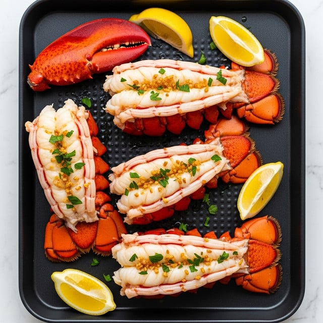 Four bright red lobster tails are split open and placed side by side on a black air fryer tray, showing the white, tender lobster meat inside. The lobster flesh is topped with small bits of golden-brown garlic and sprinkled with fresh green parsley. There are three lemon wedges, two near the top middle and one near the bottom right, adding a splash of yellow and freshness to the scene. The black tray has a textured pattern, and the whole setting sits on a white marbled surface. photo taken with an iphone --ar 4:5 --v 7