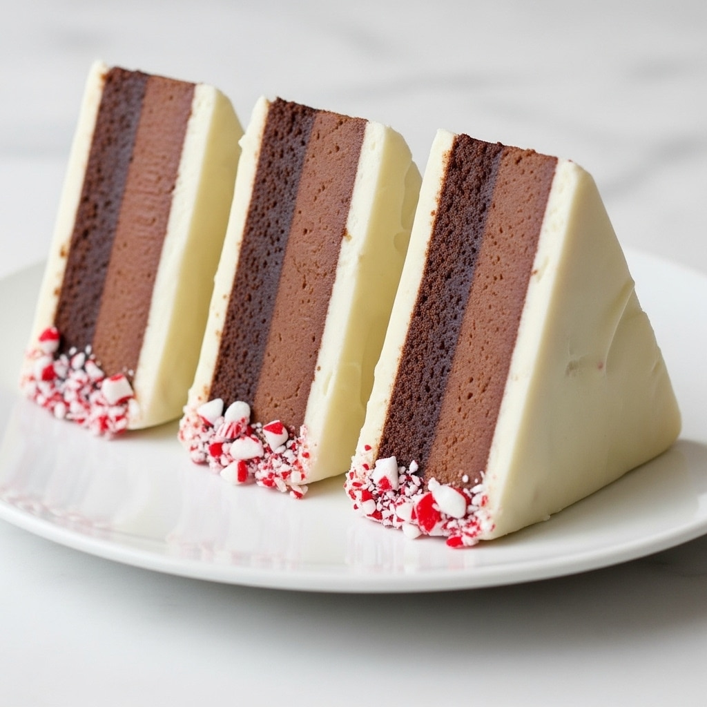 Three pieces of triangular chocolate fudge, each with a thick dark brown chocolate center layer, coated on all sides with a creamy white layer sprinkled with small red and white peppermint candy chunks. The fudge slices are upright and leaning against each other on a plain white plate set on a white marbled surface with a blue patterned cloth underneath. photo taken with an iphone --ar 4:5 --v 7