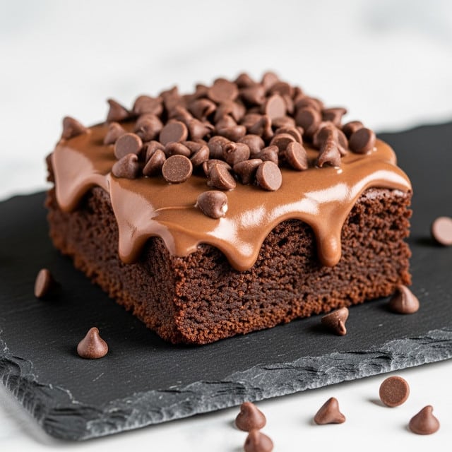 A single square piece of dark brown brownie with a dense, moist texture sits on a dark slate board. It is topped with a thick, smooth layer of milk chocolate frosting that slightly drips down the edges. Scattered generously on top and around the brownie are small, round, milk chocolate chips. The whole scene rests on a white marbled surface with soft light highlighting the glossy frosting and rich chocolate color. photo taken with an iphone --ar 4:5 --v 7