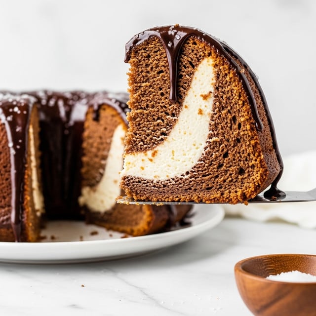 A close-up of a thick slice of brown cake with a smooth, creamy white layer running through the middle. The cake slice is covered with glossy chocolate sauce that slowly drips down the sides. The slice is held on a metal spatula above a white plate, which sits on a white marbled surface. In the lower right corner, a wooden bowl with some salt is partially visible. Photo taken with an iphone --ar 4:5 --v 7