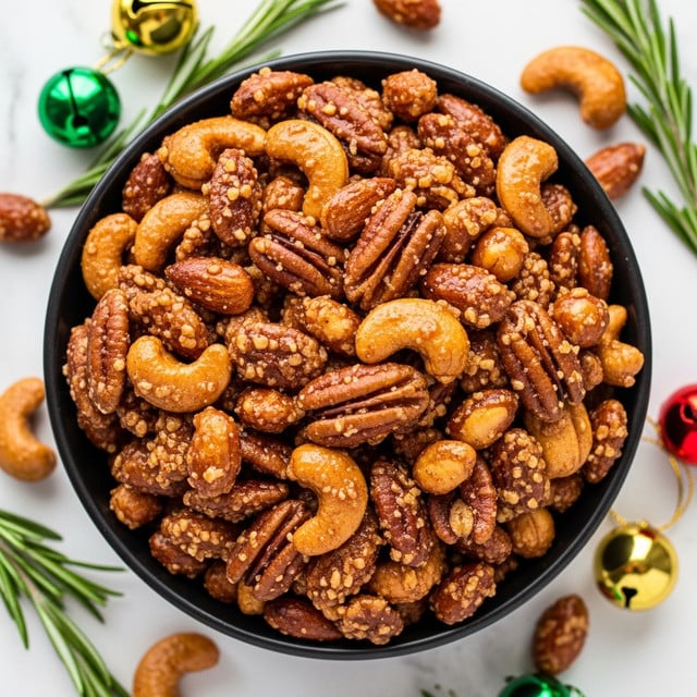 A black bowl is filled to the top with a mix of glazed nuts, including pecans, almonds, and cashews, all coated in a shiny, caramel-colored layer that gives them a crunchy texture. The nuts vary in shades of golden brown to darker brown, showing a crisp roasted surface. Around the bowl are a few scattered nuts resting on a white marbled surface, along with small green and gold jingle bells and sprigs of green rosemary adding a festive touch. The image focuses closely on the bowl, capturing the texture and shine of the nuts. photo taken with an iphone --ar 4:5 --v 7