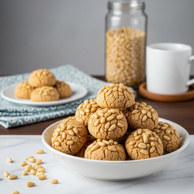 A white shallow bowl is filled with a pile of round cookies covered in light tan pine nuts, showing a rough, uneven surface texture. In the background, there is a small white plate with a few more cookies placed on a soft blue and white patterned cloth that covers part of a dark wooden table. To the right, out of focus, is a tall clear glass jar filled with pine nuts and a white mug placed on a brown wooden coaster. Light tan pine nuts are scattered on the wooden table in the foreground. The whole scene is set against a soft gray background with a white marbled texture under the table items. photo taken with an iphone --ar 4:5 --v 7