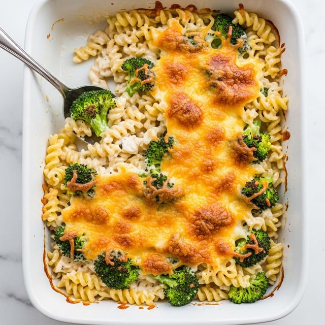 This image shows a white rectangular baking dish filled with baked pasta and broccoli. The dish has a crispy golden-brown top layer of melted cheese with scattered green broccoli florets peeking through. Below the cheese, there are creamy white sauce layers mixed with pale yellow twisty pasta noodles and pieces of cooked broccoli. The pasta looks soft and covered with sauce, while the broccoli is bright green and slightly browned from baking. A silver spoon is scooping some of the creamy pasta and broccoli from the top left corner of the dish. The dish is set on a white marbled surface. photo taken with an iphone --ar 4:5 --v 7