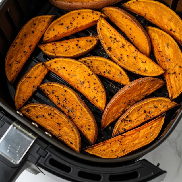 The image shows a close-up view of a black air fryer basket filled with golden-orange sweet potato wedges. Each wedge is thick, with a crispy, slightly charred outer layer that has specks of black and green herbs scattered all over. The wedges are unevenly but closely stacked, showing their rough, roasted texture and juicy inside. The lighting highlights the shine and crispiness of the sweet potatoes, making them look seasoned and perfectly cooked. The basket handle is partly visible on the left side, and the background is a white marbled texture. photo taken with an iphone --ar 4:5 --v 7