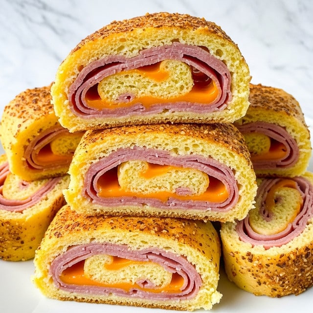 The image shows several pieces of a rolled bread dish cut into thick slices stacked on a white plate with a white marbled surface in the background. Each slice has visible layers starting with a golden-brown crust coated with a seasoning mix on the outside. Inside, there are soft bread layers that are light yellow in color, rolling tightly around thin layers of pink ham and melted orange cheddar cheese, alternating evenly throughout the roll. The texture looks soft and slightly moist with melted cheese oozing slightly between the layers. Photo taken with an iphone --ar 4:5 --v 7