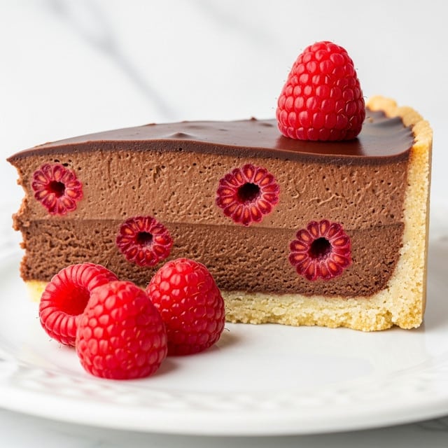 A close-up image of a slice of chocolate tart on a white plate showing three layers: a light beige thin crust at the bottom with a slightly crumbly texture, a thick middle layer of smooth, dark brown chocolate filling with visible embedded fresh red raspberries, and a slightly glossy chocolate surface on top. One whole bright red raspberry sits on the top right corner of the slice, while three more raspberries are placed in front of the tart slice on the plate. The background is a white marbled texture. Photo taken with an iphone --ar 4:5 --v 7