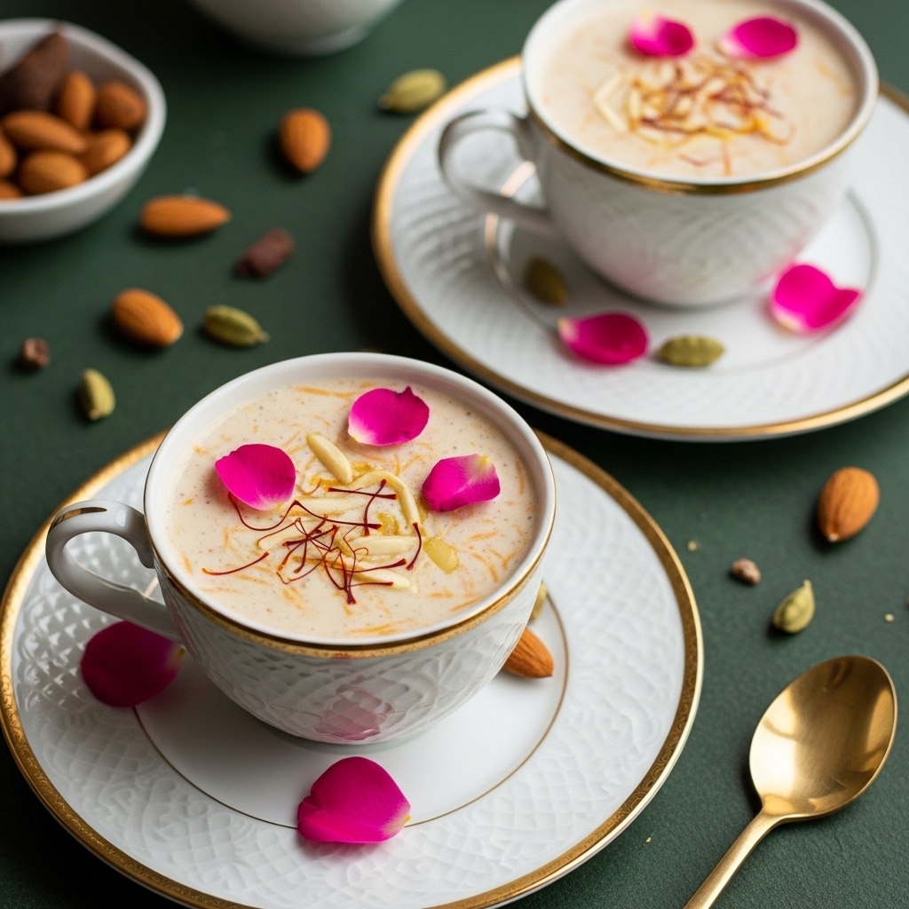 The image shows two white cups with gold edges on matching white plates with gold trim, each filled with a creamy light beige drink. The drinks have visible thin strands and small pieces sprinkled inside, and are topped with scattered bright pink rose petals and tiny dark saffron strands. The cups and plates are placed on a dark green surface with a few whole almonds, cardamom pods, and other small nuts or spices scattered around. A golden spoon is visible near the lower right edge. The scene is softly lit with natural light. Photo taken with an iphone --ar 4:5 --v 7