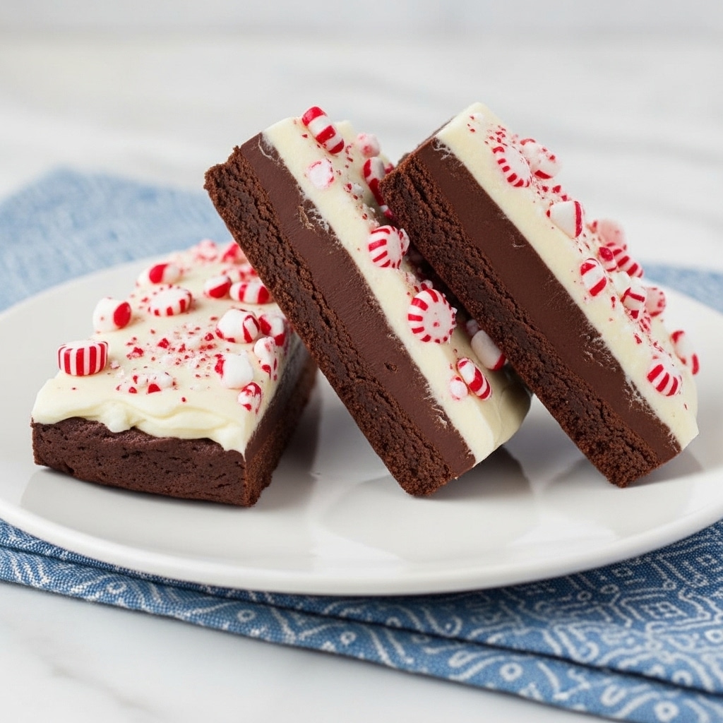 Three triangular slices of a layered dessert stand upright on a white plate placed on a white marbled surface. Each slice has a thick dark brown layer of rich chocolate in the middle, surrounded by a thick outer layer of smooth white coating. Small pieces of red and white crushed peppermint are scattered around the base of the slices and partially pressed into the white coating. The overall look is clean and festive, with the contrasting dark chocolate and white layers standing out sharply. Photo taken with an iphone --ar 4:5 --v 7