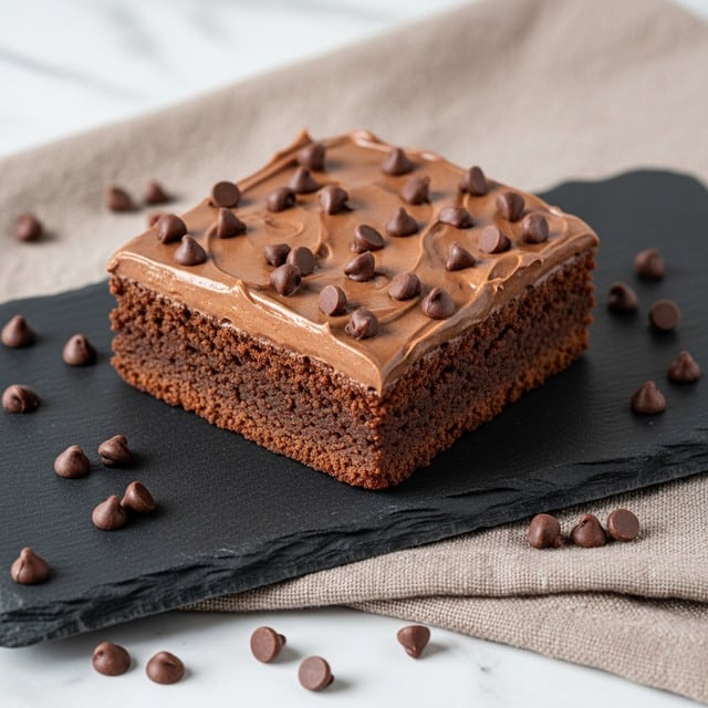 A single square brownie with a rich, dark brown base layer that looks moist and dense, topped with a thick layer of smooth, glossy milk chocolate frosting scattered with small, shiny chocolate chips. The brownie sits on a dark slate board that rests on a textured, light brown fabric over a white marbled surface. Extra chocolate chips are scattered around the brownie on the board and fabric, adding depth and texture to the scene. Photo taken with an iphone --ar 4:5 --v 7