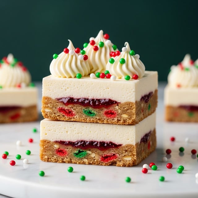 The image shows a two-layered square dessert stacked on a white marbled surface. Each layer has a thick golden-brown base mixed with red, green, and white specks, topped by a smooth, creamy off-white layer. Between these layers is a thin spread of red and green jam-like filling. The top layer is decorated with three dollops of white cream shaped into peaks, each sprinkled generously with small round red, green, and white candy beads. More candy beads fall around the dessert, adding a playful effect. The background is dark green, making the colors of the dessert vivid and bright. Photo taken with an iphone --ar 4:5 --v 7