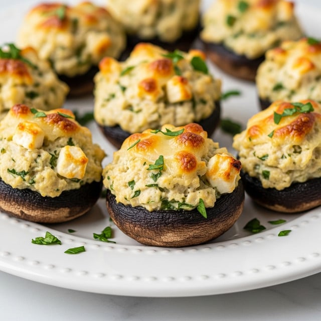 The image shows a close-up of stuffed mushrooms arranged on a white plate with a dotted rim. Each mushroom has a dark brown base and is filled with a thick layer of pale, creamy stuffing that looks soft and fluffy, mixed with green herbs and small chunks of cheese. The tops are golden brown with melted cheese that has a slightly crispy texture. Fresh green chopped parsley pieces are sprinkled around the plate and on the mushrooms for color contrast. The plate is placed on a white marbled surface. photo taken with an iphone --ar 4:5 --v 7