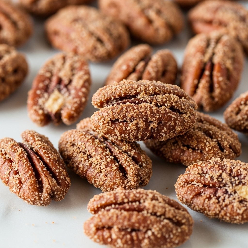 This image shows close-up of candied pecans and nuts. The pecans are covered in a thick layer of crunchy, caramelized sugar that looks golden brown and slightly grainy. You can see the nuts’ rough texture under the sugar coating, with some pieces standing out sharper. The nuts are scattered on a white marbled surface, creating a warm and inviting look. photo taken with an iphone --ar 4:5 --v 7