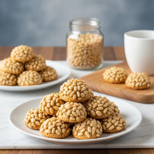 A white plate piled high with small, round cookies covered in light tan pine nuts, each cookie showing a bumpy texture from the nuts, stacked in a loose pyramid shape. In the background, more cookies are on a white plate and a wooden board holds a few cookies next to a plain white cup. A small clear jar filled with pine nuts stands behind the cookies. The whole scene is set on a wooden table with a white marbled texture underneath and a soft blue-gray blurred background. Photo taken with an iphone --ar 4:5 --v 7