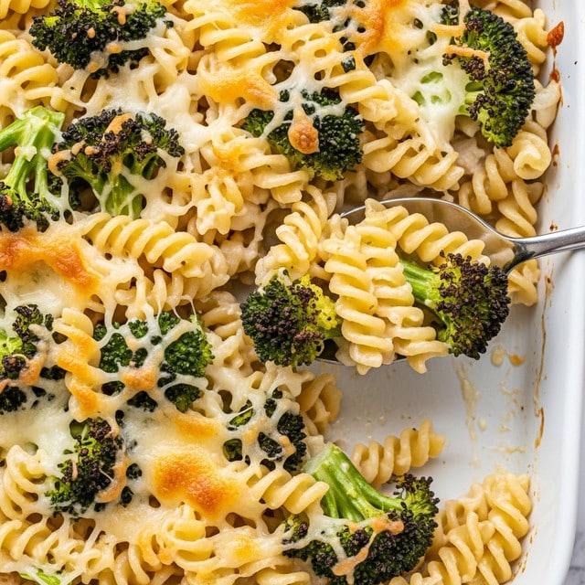 The image shows a close-up of a baked pasta dish featuring spiral rotini noodles mixed with broccoli pieces. The dish is covered in a creamy white sauce with melted, slightly browned cheese on top, giving a golden crust in some areas. The broccoli looks tender with bright green and darker roasted edges, while the creamy sauce is thick and coats the pasta and vegetables evenly. A spoon is scooping up a serving, lifting noodles and broccoli out of the dish, all set against a white marbled surface. photo taken with an iphone --ar 4:5 --v 7
