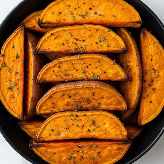 The image shows a close-up of golden-brown sweet potato wedges stacked closely inside a black bowl. Each wedge is thick, with a slightly crispy texture on the outside and a soft inside visible from some edges. The surface of the wedges is sprinkled with green herbs and black pepper, giving a speckled appearance. The wedges are arranged unevenly, layered on top of each other, highlighting their rough, roasted texture and warm orange tones. The background is a white marbled texture. photo taken with an iphone --ar 4:5 --v 7
