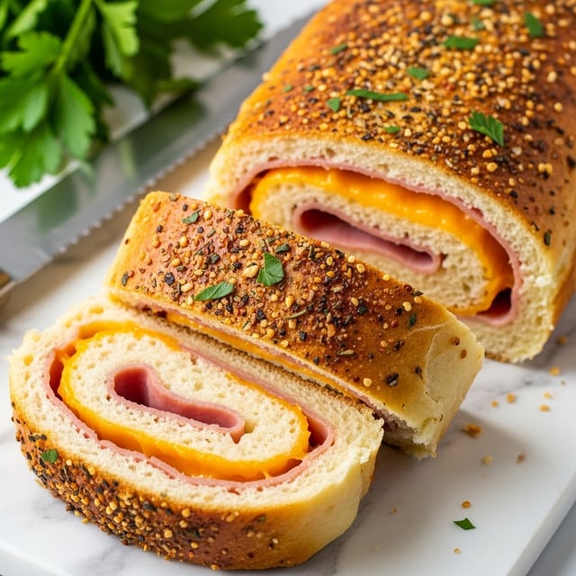 The image shows a golden-brown baked roll sliced into pieces, each slice revealing three layers inside: a soft bread outer layer, a bright orange melted cheese middle layer, and a light pink ham inner layer. The bread topping is sprinkled with a mix of brown and black spices. The roll is placed on a white marbled surface with a serrated knife nearby and fresh green parsley in the background. The texture of the bread looks soft with a slightly crispy crust. Photo taken with an iphone --ar 4:5 --v 7
