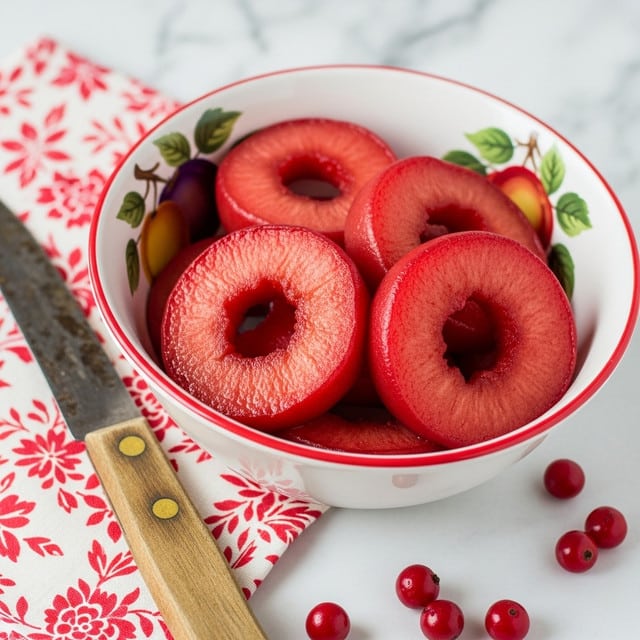 A close-up of a white bowl with a red rim and fruit patterns on the inside edges, filled with several thick slices of bright red stewed fruit, likely cooked apples or pears, showing a soft and juicy texture; the bowl is placed on a cloth with red floral print, next to worn wooden-handled knife and scattered small round red berries on a white marbled background. photo taken with an iphone --ar 4:5 --v 7