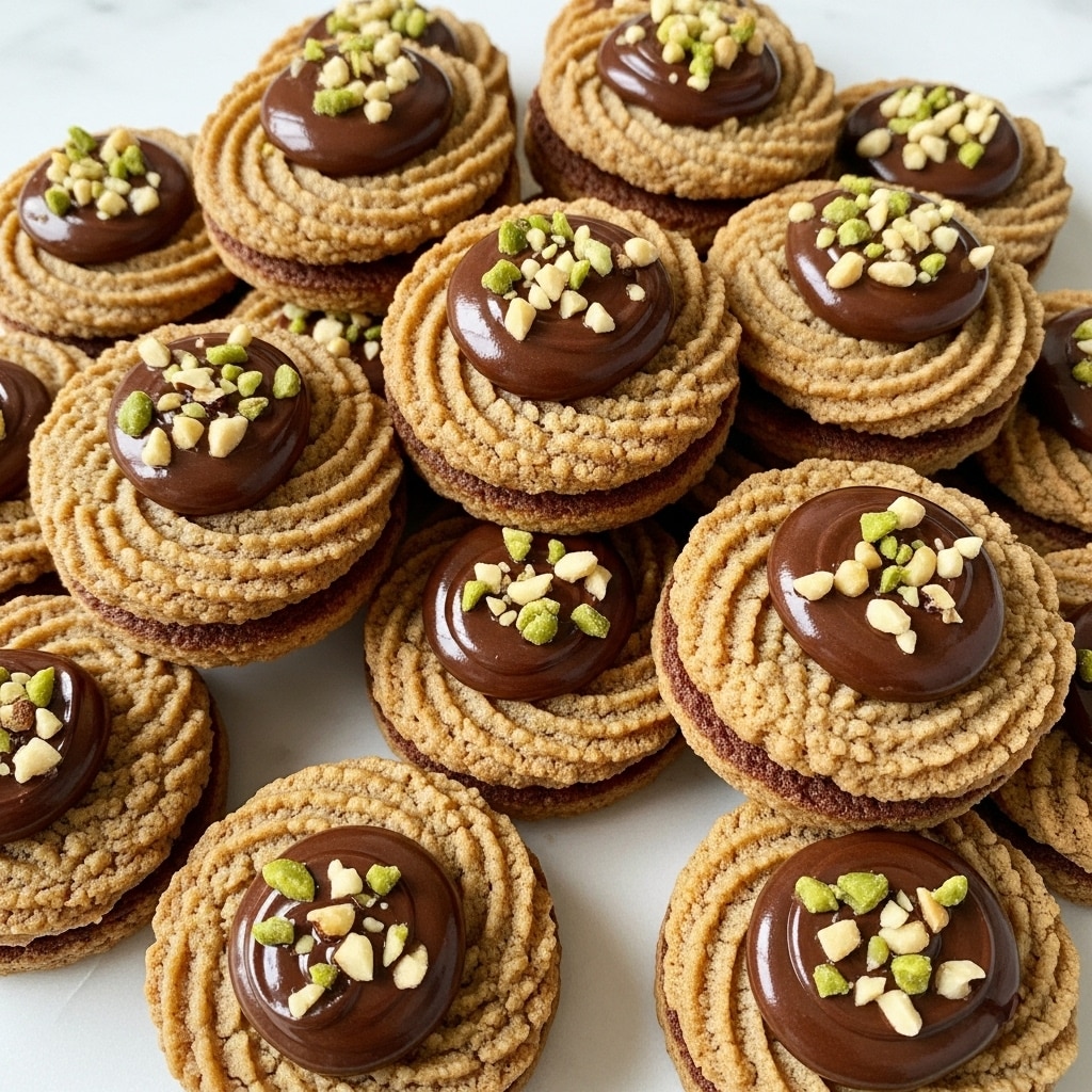 The image shows a close-up of round cookies arranged in a pile on a white marbled surface. Each cookie has two layers: a light brown, textured, swirled base that looks crumbly and soft, topped with a thick, smooth, dark chocolate swirl placed centrally. Small pieces of chopped nuts with a light cream color and hints of green are sprinkled on top of the chocolate swirl, adding a crunchy look. The cookies are closely packed, creating a visually rich pattern of light and dark browns with nutty accents. photo taken with an iphone --ar 4:5 --v 7