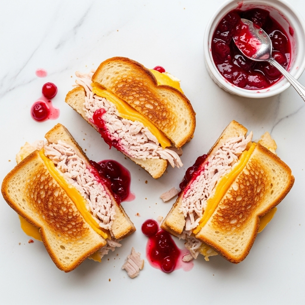 Three toasted sandwiches are cut into halves and placed on a white marbled surface. Each sandwich has a golden brown crust with a slightly crispy texture. Inside, there are visible layers of melted yellow cheese and light pink shredded turkey meat. Some red cranberry sauce is seen spilling out from the sandwiches, adding a pop of bright color. In the top right corner, a small white bowl holds extra cranberry sauce with a silver spoon resting inside. The sandwiches have a slightly messy look with bits of turkey and sauce around them. photo taken with an iphone --ar 4:5 --v 7