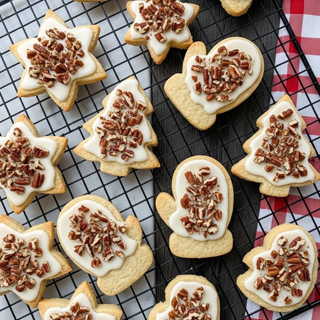 This image shows a collection of buttery, light brown Christmas-shaped cookies scattered on a black cooling rack over a dark wooden surface, altered to a white marbled texture. Each cookie is topped with a smooth, glossy layer of creamy white icing that follows the cookie's shape closely. Finely chopped, toasted pecans are sprinkled generously on top of the icing, adding texture and a slightly darker brown contrast. The cookies have festive shapes including stars, mittens, and Christmas trees. A bit of red and white checkered fabric is partially visible beside the cookies. Photo taken with an iphone --ar 4:5 --v 7