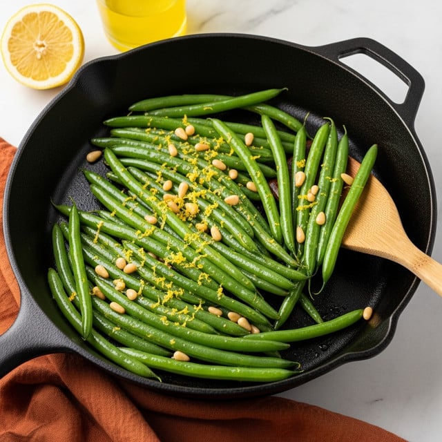 A black cast iron pan holds a single layer of bright green cooked green beans, each glossy with light oil and scattered with small toasted pine nuts that add a light tan contrast. Some shredded lemon zest is sprinkled evenly on top, adding a subtle yellow texture to the green beans. A wooden spatula is partly inside the pan on the right side, lifting some green beans. In the background, there is a sliced lemon and a glass of yellow liquid, all set on a white marbled surface with a rust-colored cloth underneath the pan. photo taken with an iphone --ar 4:5 --v 7