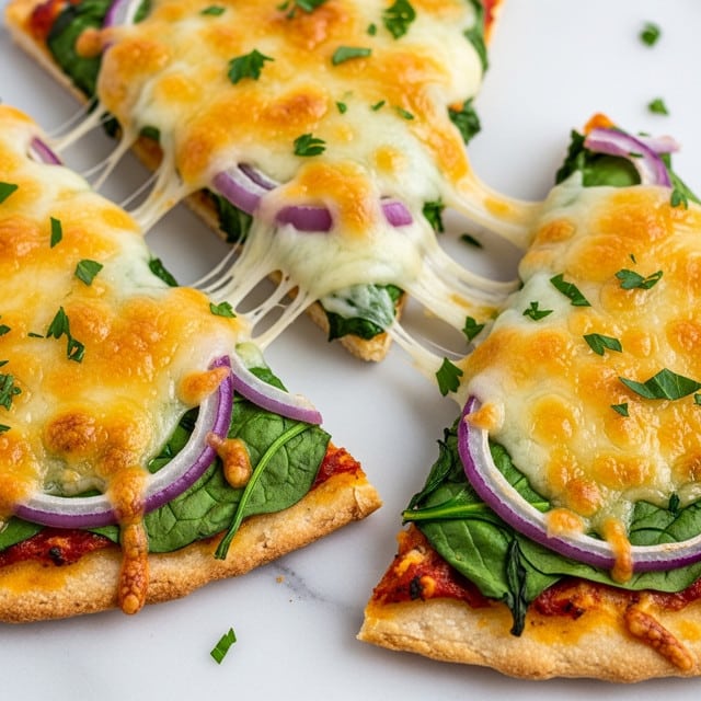 A close-up view of a cheesy pizza on a white marbled surface, showing three triangular slices with melted golden-brown cheese covering the top layer. Underneath the cheese, wilted spinach leaves and thin slices of purple onion are visible, adding green and light purple colors with a fresh texture. The crust is thin and lightly browned around the edges, slightly crispy. Small bits of green parsley are sprinkled on top of the cheese, adding to the fresh look. The cheese layer stretches slightly between the pulled-apart slices, showing its gooey texture. photo taken with an iphone --ar 4:5 --v 7